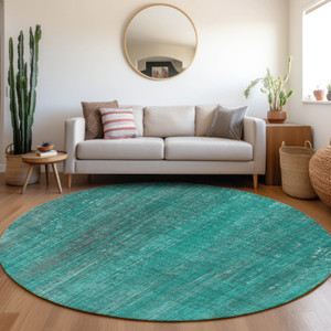 8' Round Teal Round Striped Washable Non Skid Indoor Outdoor Area Rug - 608219087869