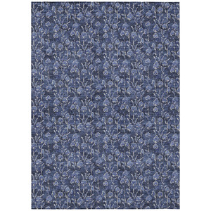 8' X 10' Navy Blue Denim Blue And Ivory Floral Washable Indoor Outdoor Area Rug