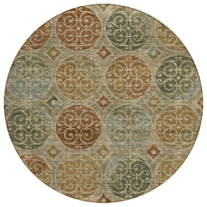 8' Taupe Green And Gold Round Trellis Washable Indoor Outdoor Area Rug