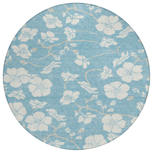 8' Sky Blue And Ivory Round Floral Washable Indoor Outdoor Area Rug - 880016833522