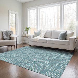 9' X 12' Teal Blue And Ivory Geometric Washable Indoor Outdoor Area Rug Transitional Style - Teal Blue, Ivory Color
