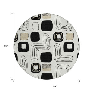 8' Ivory Black And Beige Round Geometric Washable Indoor Outdoor Area Rug