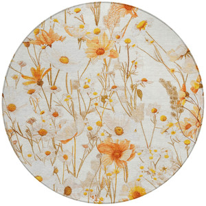 8' Ivory And Beige Round Floral Washable Indoor Outdoor Area Rug - 880016728910