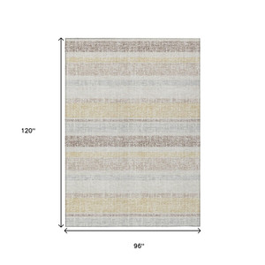 8' X 10' Ivory And Beige Striped Washable Indoor Outdoor Area Rug - Ivory, Beige
