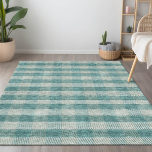 10' X 14' Teal Blue And Ivory Plaid Washable Indoor Outdoor Area Rug