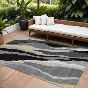 9' X 12' Black Gray And Tan Abstract Washable Indoor Outdoor Area Rug