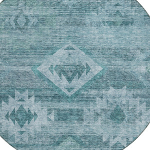 8' Teal Blue And Aqua Round Southwestern Washable Indoor Outdoor Area Rug