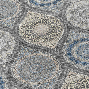 8' Gray Ivory And Navy Blue Round Floral Medallion Washable Indoor Outdoor Area Rug