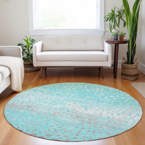 8' Aqua And Teal Blue Round Abstract Washable Indoor Outdoor Area Rug - 880016677102