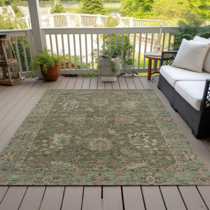 10' X 14' Olive Green And Rust Floral Washable Indoor Outdoor Area Rug