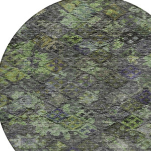 8' Green Charcoal And Black Round Floral Washable Indoor Outdoor Area Rug