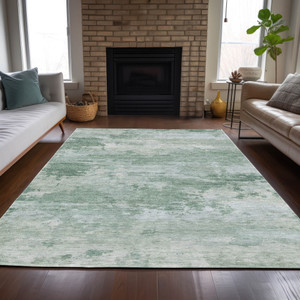 9' X 12' Mint Green And Pale Aqua Abstract Washable Indoor Outdoor Area Rug