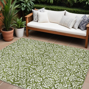 8' X 10' Olive Green And Ivory Damask Washable Indoor Outdoor Area Rug