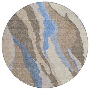 8' Taupe Tan And Blue Round Abstract Washable Indoor Outdoor Area Rug
