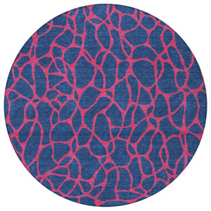 8' Navy Blue And Dark Pink Round Geometric Washable Indoor Outdoor Area Rug