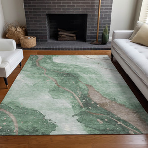 8' X 10' Green And Taupe Abstract Washable Indoor Outdoor Area Rug