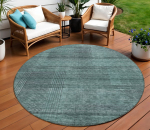 8' Teal Blue Aqua And Gray Round Striped Washable Indoor Outdoor Area Rug - 608219323264