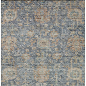 8' X 10' Denim Blue Brown And Beige Damask Washable Indoor Outdoor Area Rug
