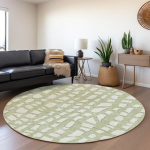 8' Artichoke Green And Ivory Round Abstract Washable Indoor Outdoor Area Rug - 608219117030