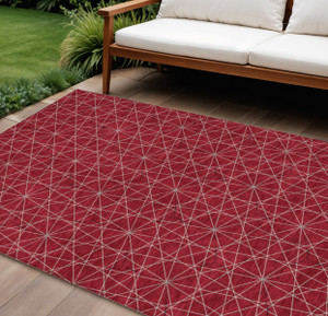 9' X 12' Red Black And Ivory Geometric Washable Indoor Outdoor Area Rug