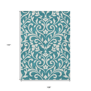 9' X 12' Teal Blue And Ivory Floral Washable Indoor Outdoor Area Rug Transitional Style - Teal Blue, Ivory Color