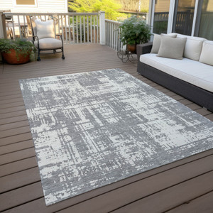 10' X 14' Gray And Ivory Abstract Washable Indoor Outdoor Area Rug Transitional Style - Gray, Ivory Color