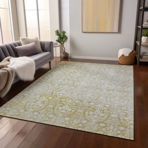 10' X 14' Gold Damask Washable Indoor Outdoor Area Rug