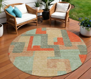 8' Sage Gray And Orange Round Geometric Washable Indoor Outdoor Area Rug