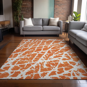 9' X 12' Orange and White Abstract Washable Non Skid Indoor Outdoor Area Rug