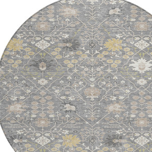 8' Gray Gold And Ivory Round Oriental Washable Indoor Outdoor Area Rug
