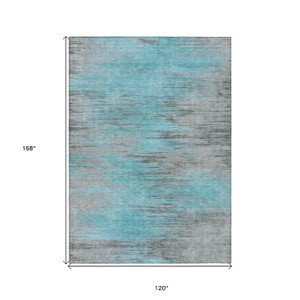 10' X 14' Teal Blue Charcoal And Gray Abstract Washable Indoor Outdoor Area Rug