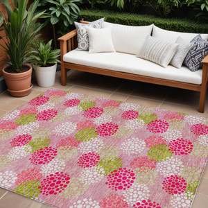 10' X 14' Pink Green And Ivory Polka Dot Washable Indoor Outdoor Area Rug