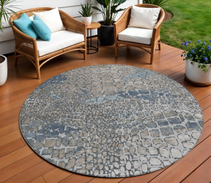 8' Silver Blue And Brown Round Abstract Washable Indoor Outdoor Area Rug