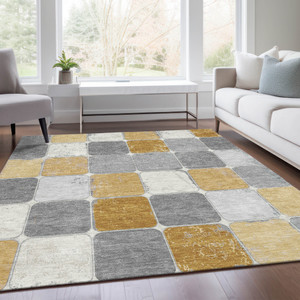 9' X 12' Gold And Gray Geometric Washable Indoor Outdoor Area Rug - Gold, Gray