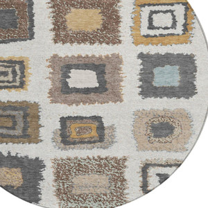8' Ivory Charcoal And Gold Round Geometric Washable Indoor Outdoor Area Rug