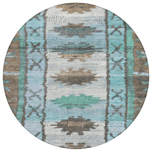 8' Brown And Teal Blue Round Tribal Washable Indoor Outdoor Area Rug