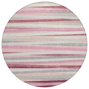 8' Pink Ivory And Gray Round Striped Washable Indoor Outdoor Area Rug