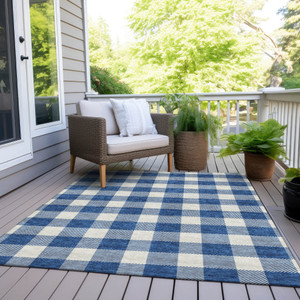 10' X 14' Navy Blue And Gray Plaid Washable Indoor Outdoor Area Rug