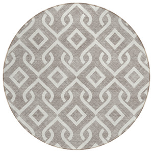 8' Taupe And Ivory Round Geometric Washable Indoor Outdoor Area Rug - Taupe, Ivory