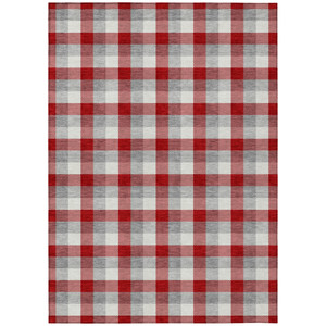 9' X 12' Red Gray And Beige Plaid Washable Indoor Outdoor Area Rug