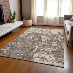 9' X 12' Brown And Ivory Abstract Washable Indoor Outdoor Area Rug - 880016756401