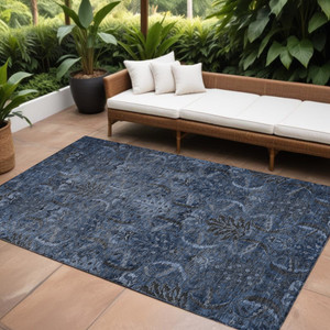 8' X 10' Navy Blue And Charcoal Damask Washable Indoor Outdoor Area Rug - 880016514407