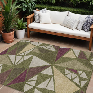 10' X 14' Olive Green Ivory And Burgundy Geometric Washable Indoor Outdoor Area Rug