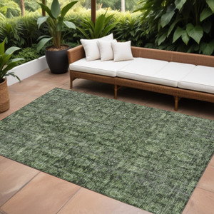 10' X 14' Artichoke Green And Black Damask Washable Indoor Outdoor Area Rug