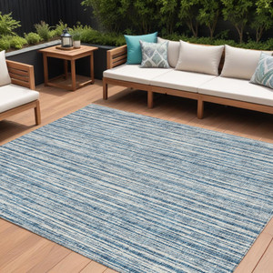 8' X 10' Blue And Ivory Striped Washable Indoor Outdoor Area Rug - Blue, Ivory