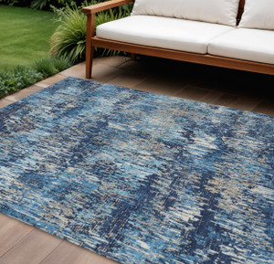 8' X 10' Navy Blue And Denim Blue Striped Washable Indoor Outdoor Area Rug - Navy Blue, Denim Blue