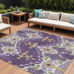 10' X 14' Purple Lavender And Gold Ikat Washable Indoor Outdoor Area Rug