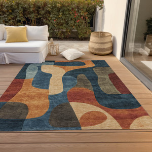 9' X 12' Navy Blue And Orange Abstract Washable Indoor Outdoor Area Rug