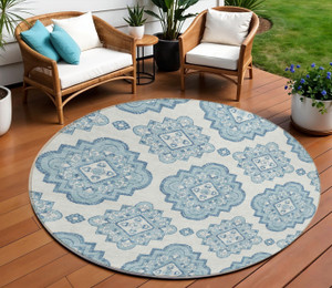 8' Teal Blue And Ivory Round Medallion Washable Indoor Outdoor Area Rug