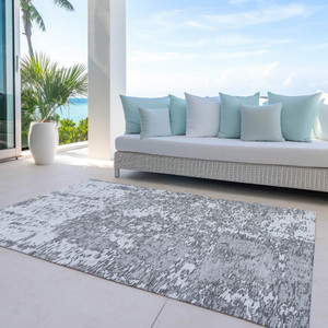 9' X 12' Gray And Ivory Abstract Washable Indoor Outdoor Area Rug Transitional Style - Gray, Ivory Color